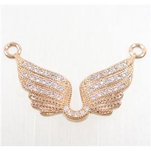 copper angel wing pendant paved zircon with 2loops, rose gold, approx 14x24mm [FDZN4261]