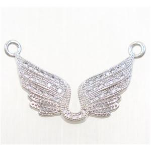 copper angel wing pendant paved zircon with 2loops, platinum plated, approx 14x24mm [FDZN4262]