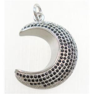 copper crescent moon pendant paved zircon, platinum plated, approx 20x25mm [FDZN4266]