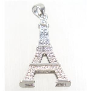 copper Eiffel Tower pendant paved zircon, platinum plated, approx 17x25mm [FDZN4270]