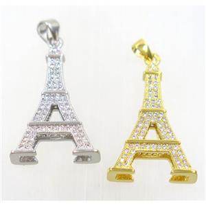 copper Eiffel Tower pendant paved zircon, mix color, approx 17x25mm [FDZN4272]