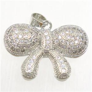 copper Bowknot pendant paved zircon, platinum plated, approx 15x22mm [FDZN4273]