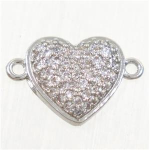 copper heart connector paved zircon, platinum plated, approx 10mm dia [FDZN4317]