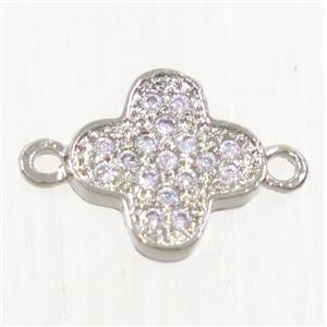 copper connector paved zircon, four-leaf clover, platinum plated, approx 8.5mm [FDZN4321]