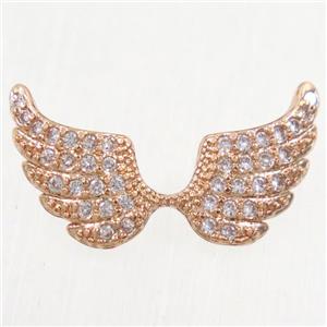copper angel wing pendant paved zircon with 2loops, rose gold, approx 10x18mm [FDZN4324]