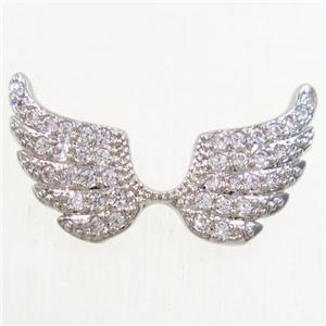 copper angel wing pendant paved zircon with 2loops, platinum plated, approx 10x18mm [FDZN4325]