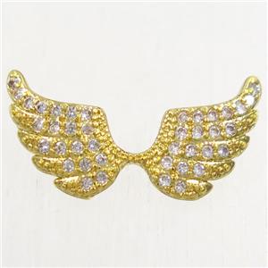 copper angel wing pendant paved zircon with 2loops, gold plated, approx 10x18mm [FDZN4326]