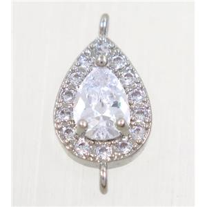 copper teardrop connector paved zircon, platinum plated, approx 9x12mm [FDZN4335]