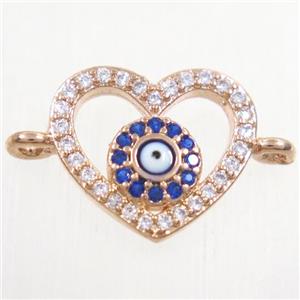 copper heart connector paved zircon with evil eye, rose gold, approx 12-13mm [FDZN4373]