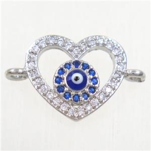 copper heart connector paved zircon with evil eye, platinum plated, approx 12-13mm [FDZN4374]