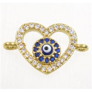 copper heart connector paved zircon with evil eye, gold plated, approx 12-13mm [FDZN4375]