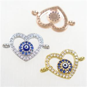 copper heart connector paved zircon with evil eye, mix color, approx 12-13mm [FDZN4376]
