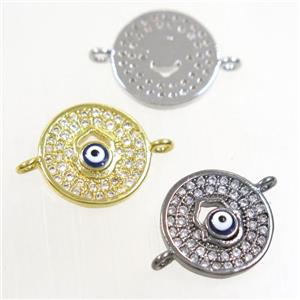 copper circle connector paved zircon with evil eye, mix color, approx 12.5mm dia [FDZN4411]