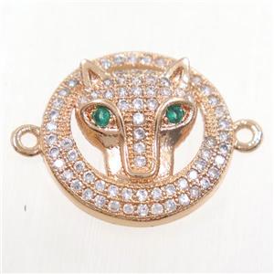 copper foxHead connector paved zircon, rose gold, approx 17mm dia [FDZN4435]