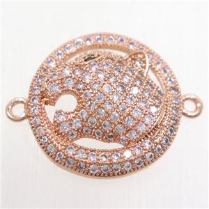 copper leopardHead connector paved zircon, rose gold, approx 19mm dia [FDZN4439]