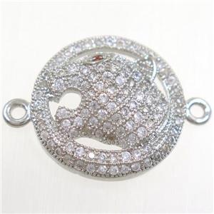 copper leopardHead connector paved zircon, platinum plated, approx 19mm dia [FDZN4440]
