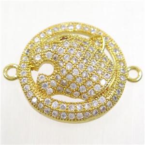 copper leopardHead connector paved zircon, gold plated, approx 19mm dia [FDZN4441]