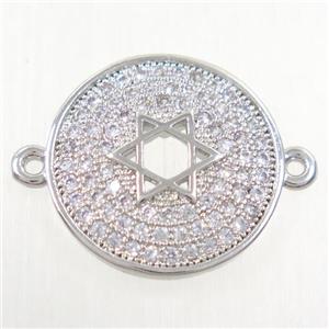copper circle connector paved zircon with david star, platinum plated, approx 15.5mm dia [FDZN4449]