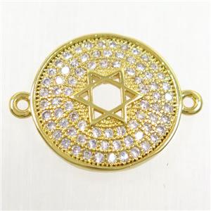 copper circle connector paved zircon with david star, gold plated, approx 15.5mm dia [FDZN4450]