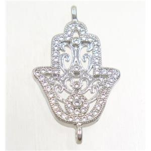 copper hamsahand connector paved zircon, platinum plated, approx 16x20mm [FDZN4482]