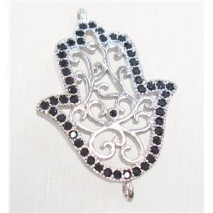 copper hamsahand connector paved zircon, platinum plated, approx 18x21mm [FDZN4492]
