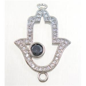 copper hamsahand connector paved zircon, platinum plated, approx 17x20mm [FDZN4515]