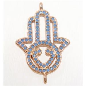 copper hamsahand connector paved zircon, rose gold, turq, approx 18x23mm [FDZN4519]