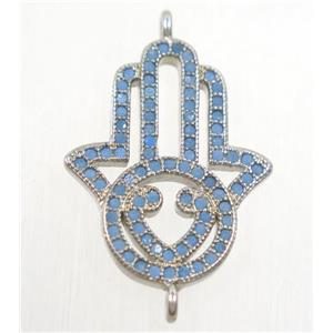 copper hamsahand connector paved zircon, platinum plated, turq, approx 18x23mm [FDZN4520]