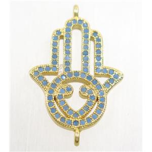 copper hamsahand connector paved zircon, gold plated, turq, approx 18x23mm [FDZN4521]