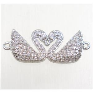 copper swan connector paved zircon, platinum plated, approx 10x20mm [FDZN4529]