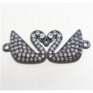 copper swan connector paved zircon, black plated, approx 10x20mm [FDZN4531]