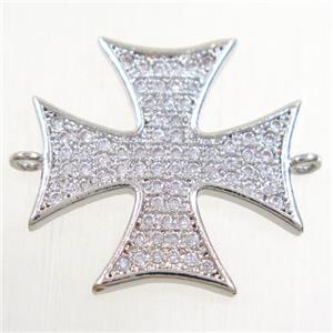 copper cross connector paved zircon, platinum plated, approx 20x20mm [FDZN4548]