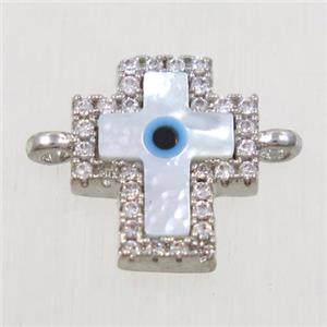 copper cross connector paved zircon with shell evil eye, platinum plated, approx 10x12mm [FDZN4562]