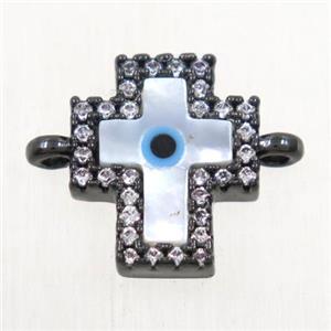 copper cross connector paved zircon with shell evil eye, black plated, approx 10x12mm [FDZN4564]