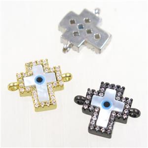 copper cross connector paved zircon with shell evil eye, mix color, approx 12x18mm [FDZN4565]