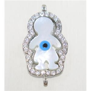 copper boy connector paved zircon with shell evil eye, platinum plated, approx 12x18mm [FDZN4567]
