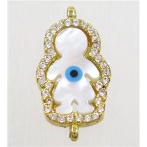 copper boy connector paved zircon with shell evil eye, gold plated, approx 12x18mm [FDZN4568]