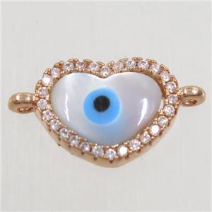 copper heart connector paved zircon with shell evil eye, rose gold, approx 10x12mm [FDZN4571]