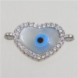 copper heart connector paved zircon with shell evil eye, platinum plated, approx 10x12mm [FDZN4572]