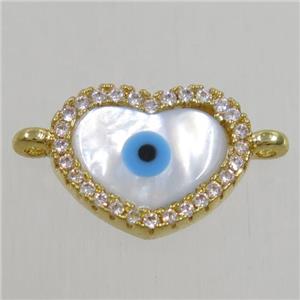 copper heart connector paved zircon with shell evil eye, gold plated, approx 10x12mm [FDZN4573]