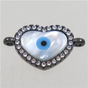 copper heart connector paved zircon with shell evil eye, black plated, approx 10x12mm [FDZN4574]