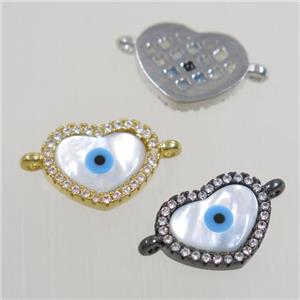 copper heart connector paved zircon with shell evil eye, mix color, approx 10x12mm [FDZN4575]