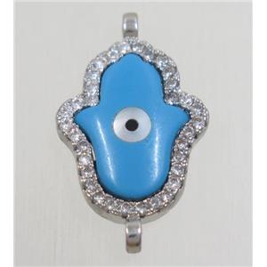 copper hamsahand connector paved zircon with shell evil eye, platinum plated, approx 12x17mm [FDZN4582]