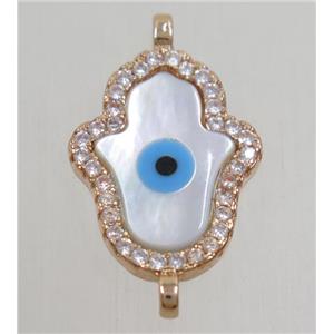 copper hamsahand connector paved zircon with shell evil eye, rose gold, approx 12x17mm [FDZN4586]