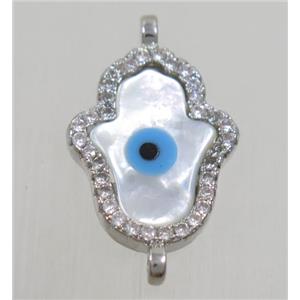 copper hamsahand connector paved zircon with shell evil eye, platinum plated, approx 12x17mm [FDZN4587]