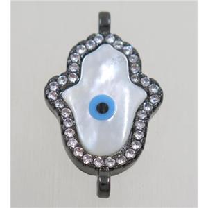 copper hamsahand connector paved zircon with shell evil eye, black plated, approx 12x17mm [FDZN4588]