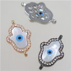 copper hamsahand connector paved zircon with shell evil eye, mix color, approx 12x17mm [FDZN4589]