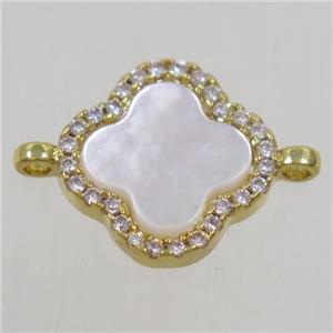 copper four-leaf Clover connector paved zircon, gold plated, approx 13mm dia [FDZN4592]