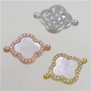 copper four-leaf Clover connector paved zircon, mix color, approx 12mm dia [FDZN4593]