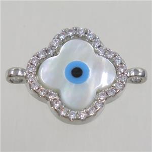 copper four-leaf Clover connector paved zircon with evil eye, platinum plated, approx 13mm dia [FDZN4595]